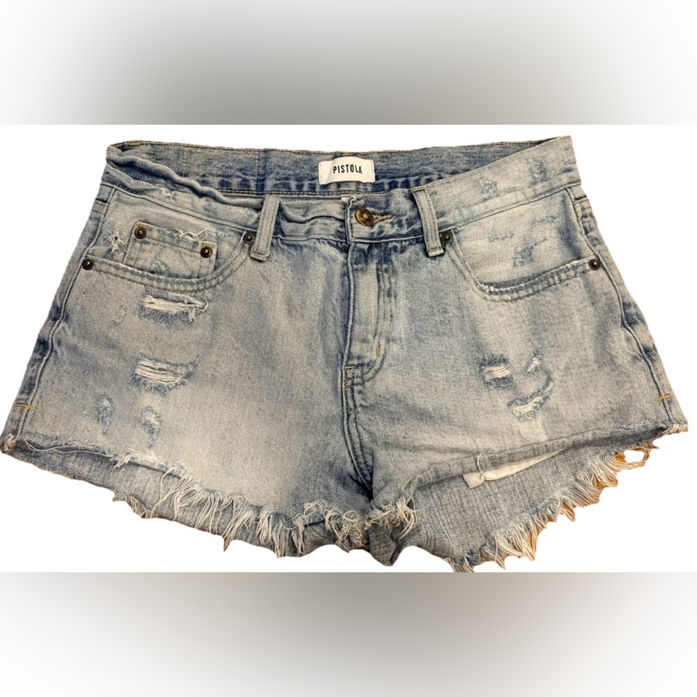 Pistola Gigi Mid Rise Cutoff Denim Shorts Light Wash Distressed Size 27